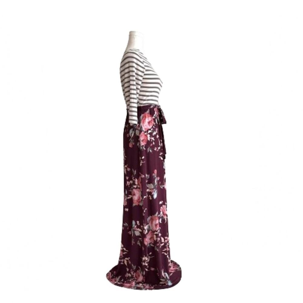 Lux & Co Bernice 2fer Knit Burgundy Tan Stripe Floral Pockets Maxi Dress XS NEW - Picture 5 of 13